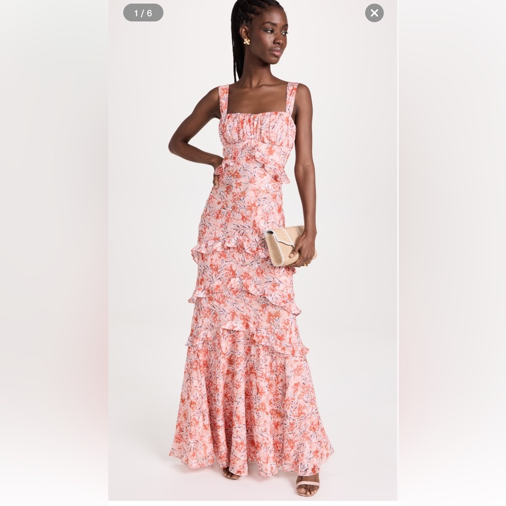 NWT Saloni Chandra Maxi Dress Sandstone Clipped Jacquard Dress Pink